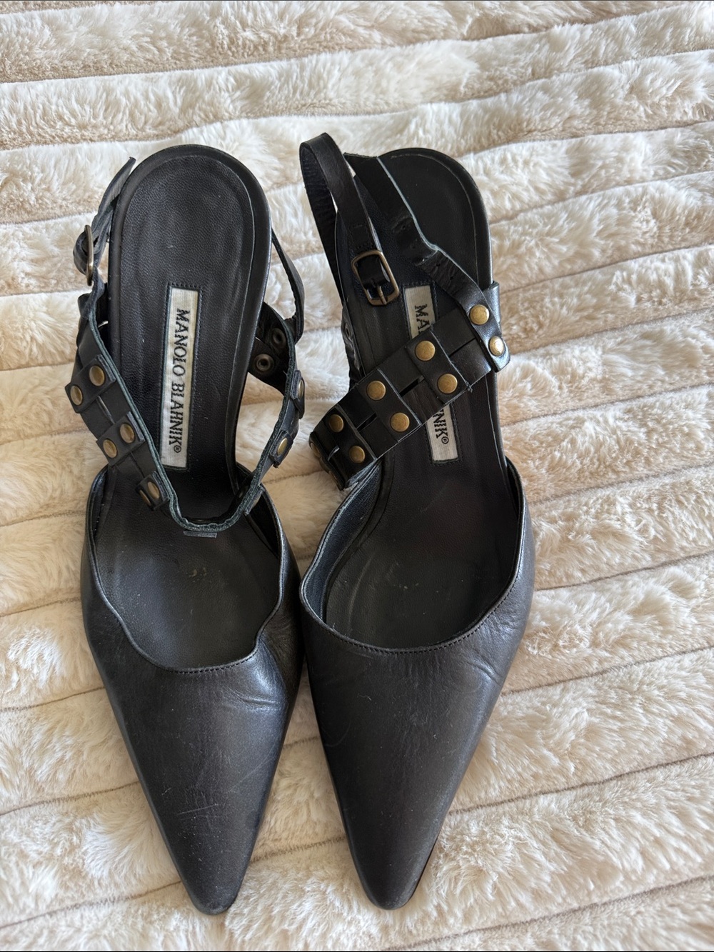 Manolo Blahnik Black Leather Pointed Slingback Mules with Stud Detail